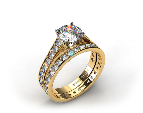 18k Yellow Gold 0.35ct Pave Cathedral Engagement Ring & 0.61ct Pave Eternity Ring